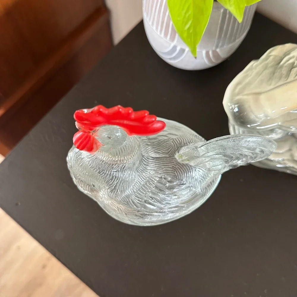 VTG Clear Glass Rooster Candy Dish Red Comb Pedestal Covered Compote Bowl MCM